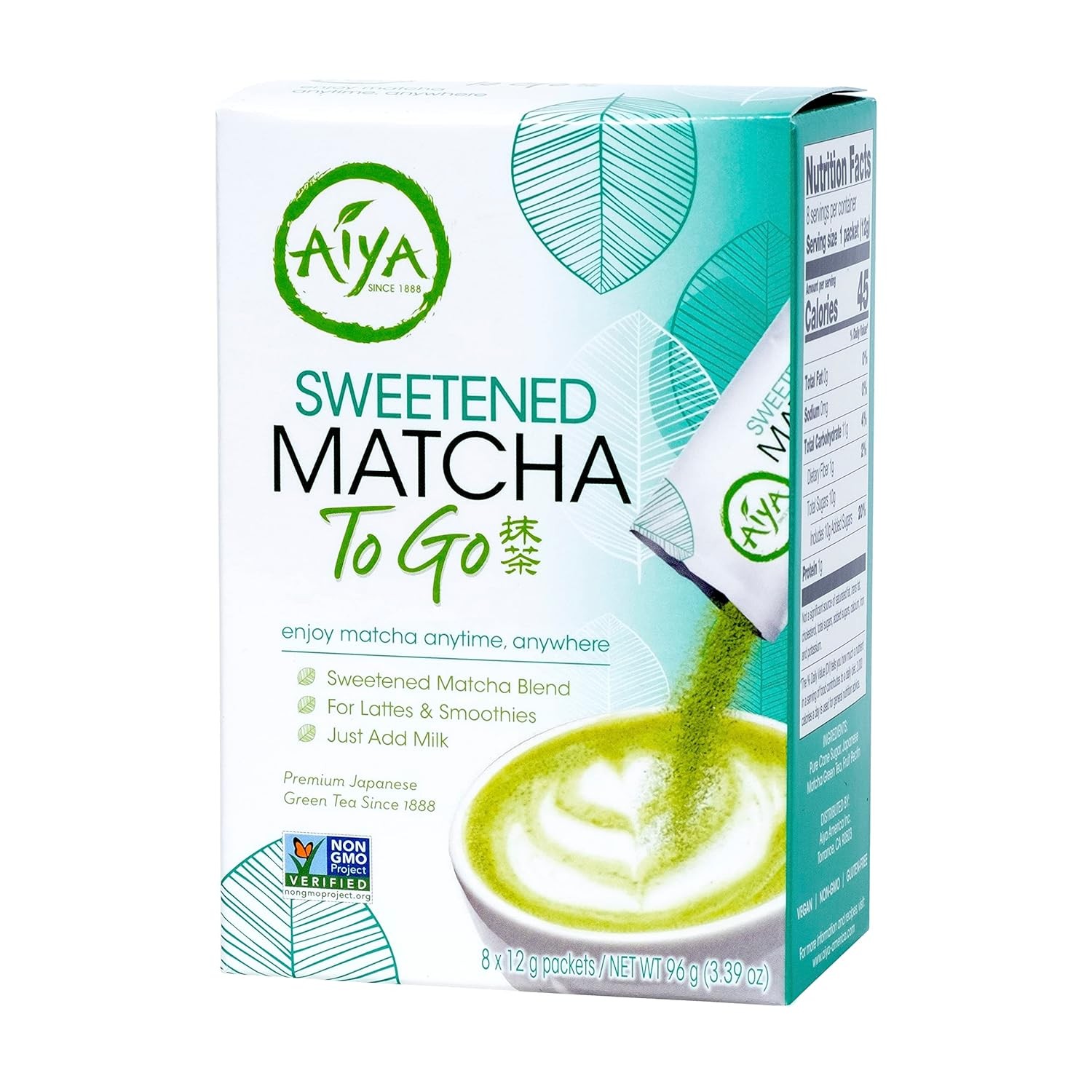 Aiya Japanese Sweetened Matcha Powder to Go Sticks – 0.42 Ounce (Pack of 8)