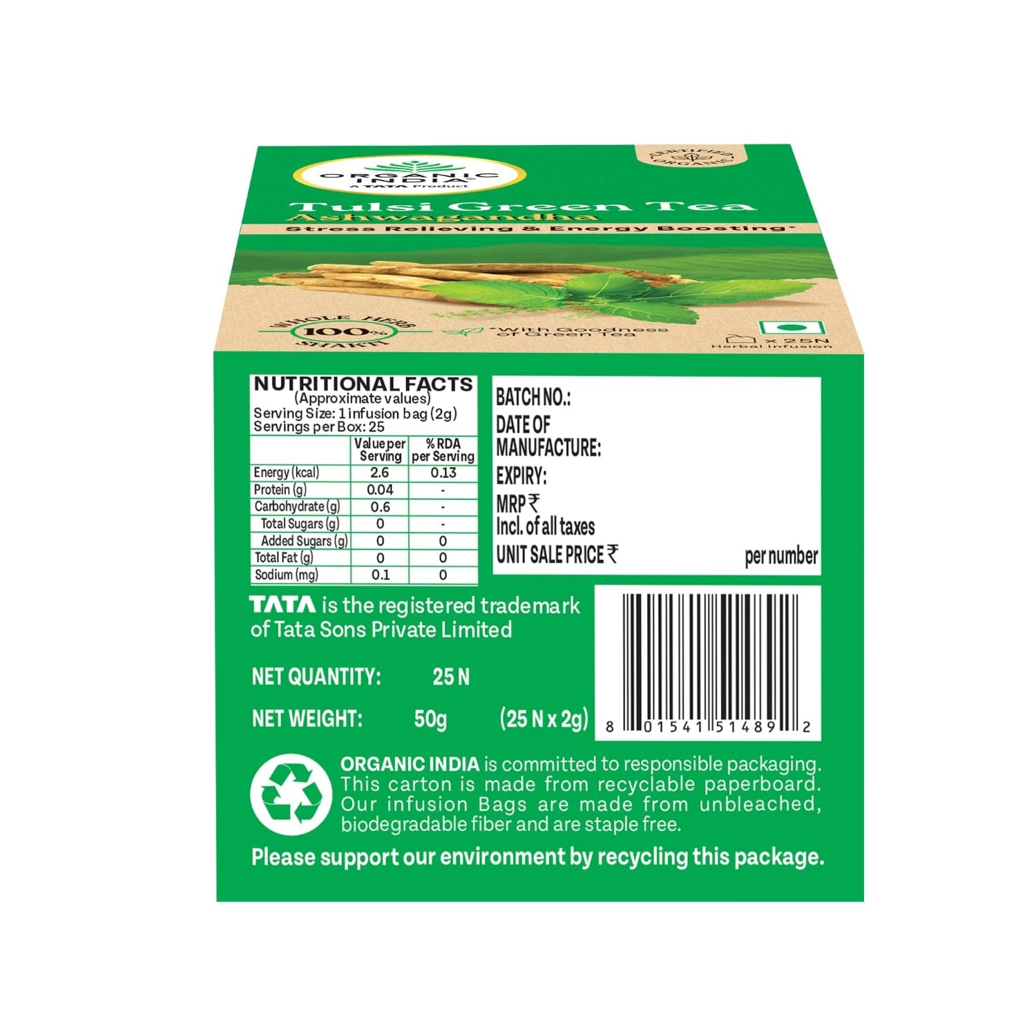 Organic India Tulsi Green Tea Ashwagandha Tea Bags Pack Of 25 Tea Bags
