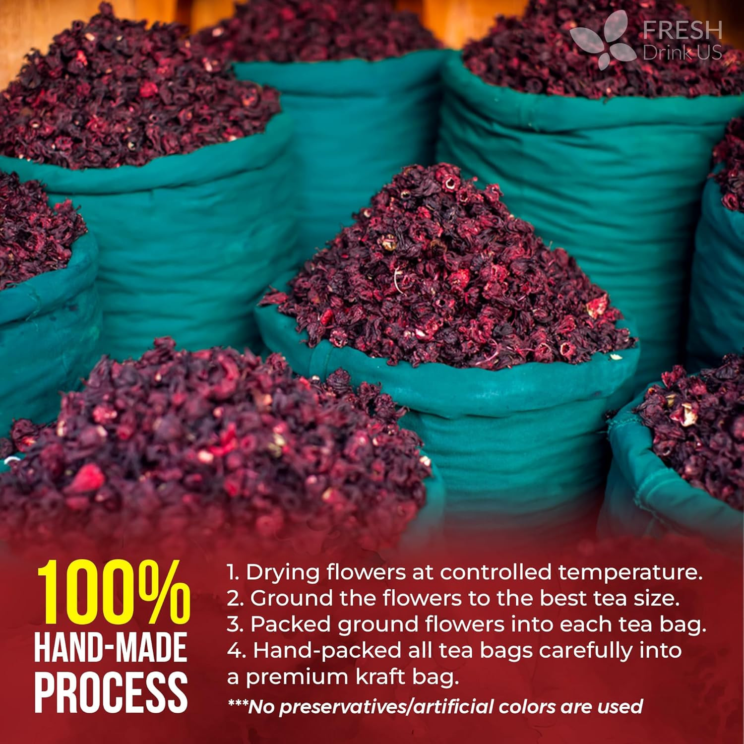Freshdrinkus, Premium 140 Hibiscus Flowers Tea Bags, 100% Natural, Handmade & Pu