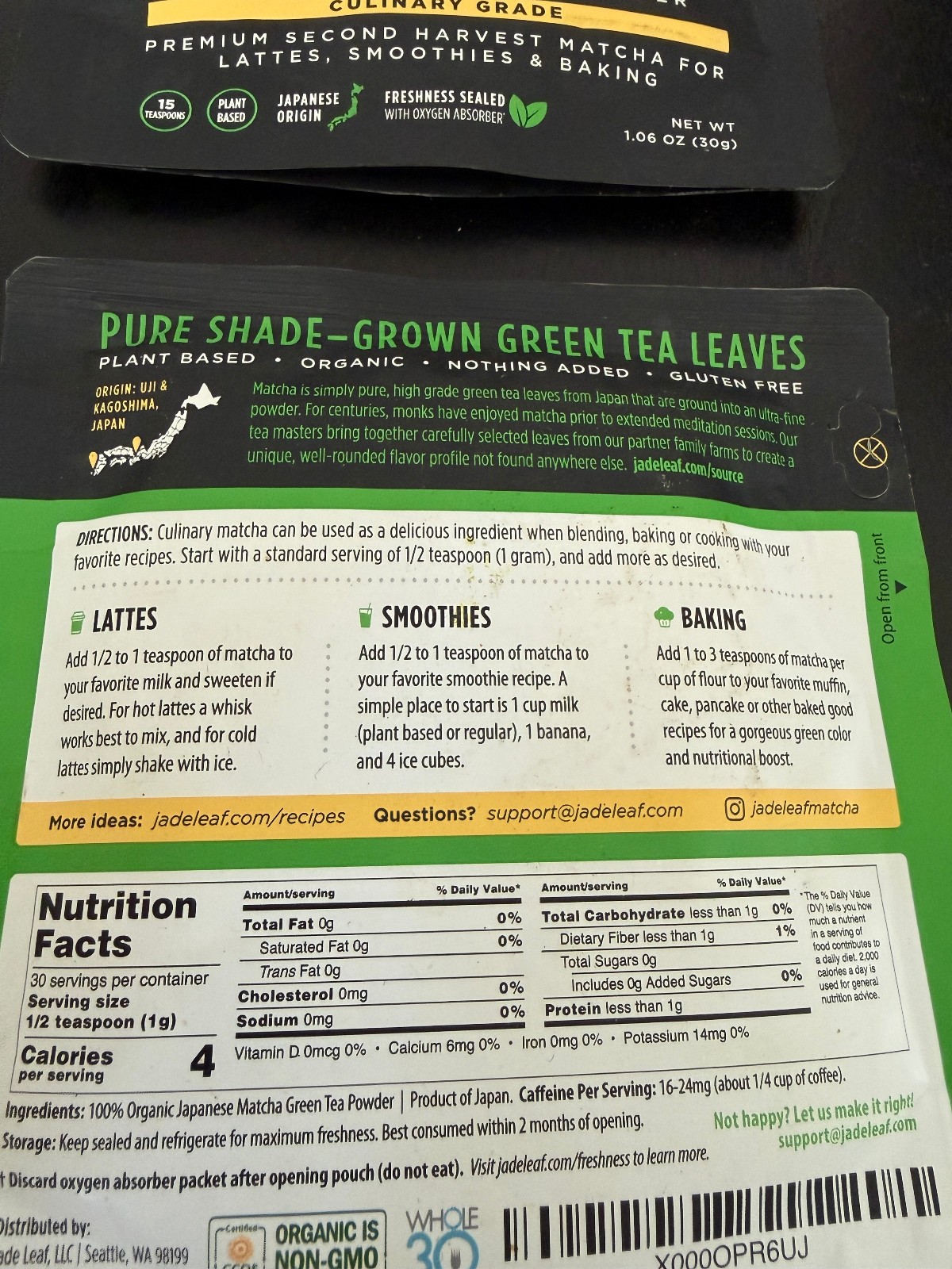 2 Pack Jade Leaf Organic Japanese Culinary Matcha Powdered Green Tea 2 X 30g