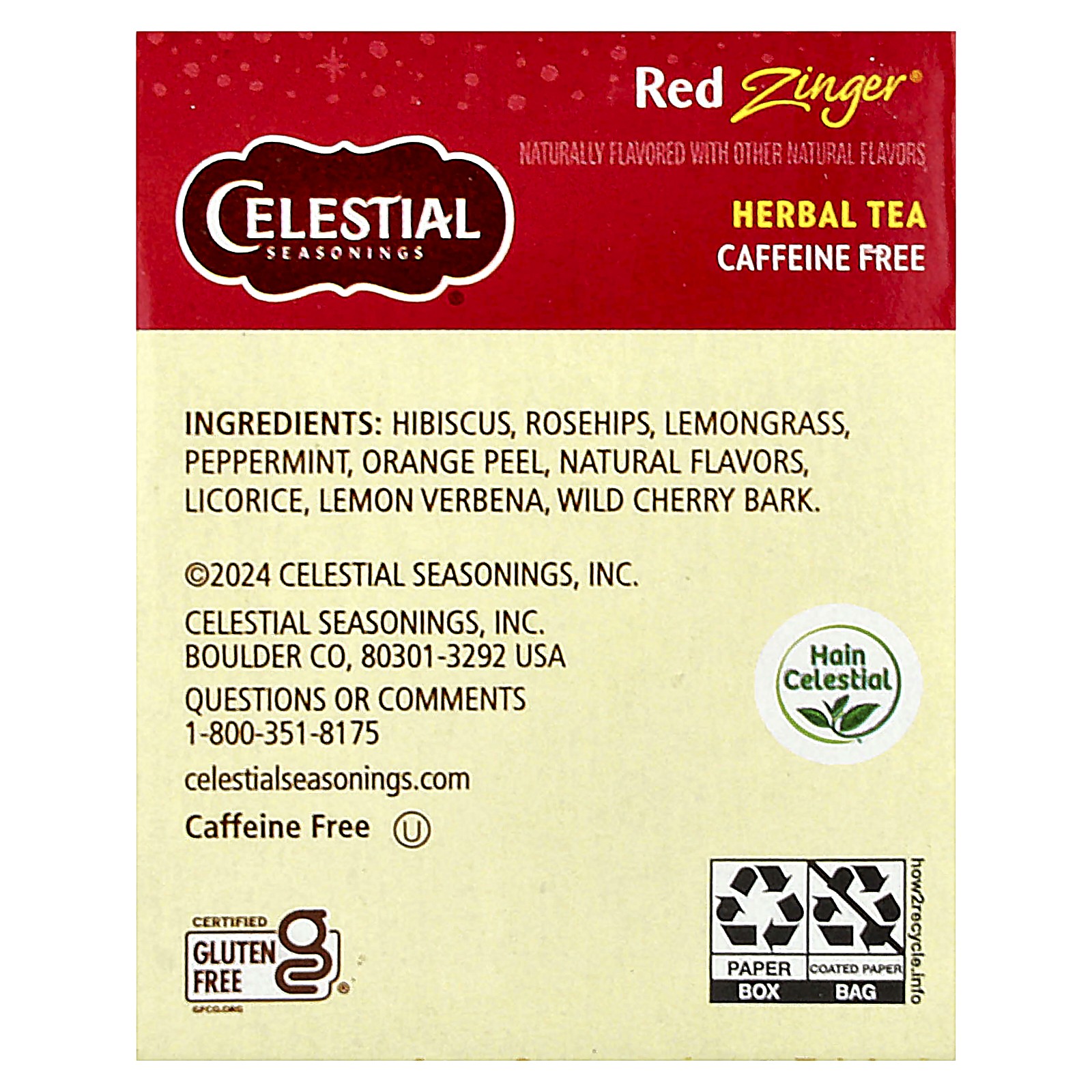 Herbal Tea, Red Zinger®, Caffeine Free, 20 Tea Bags, 1.7 oz (49 g)