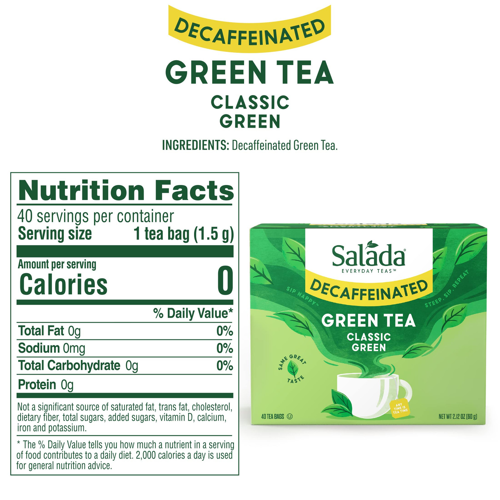 Salada Decaffeinated Green Tea Bags 40 Count Smooth Flavor Zero Calories