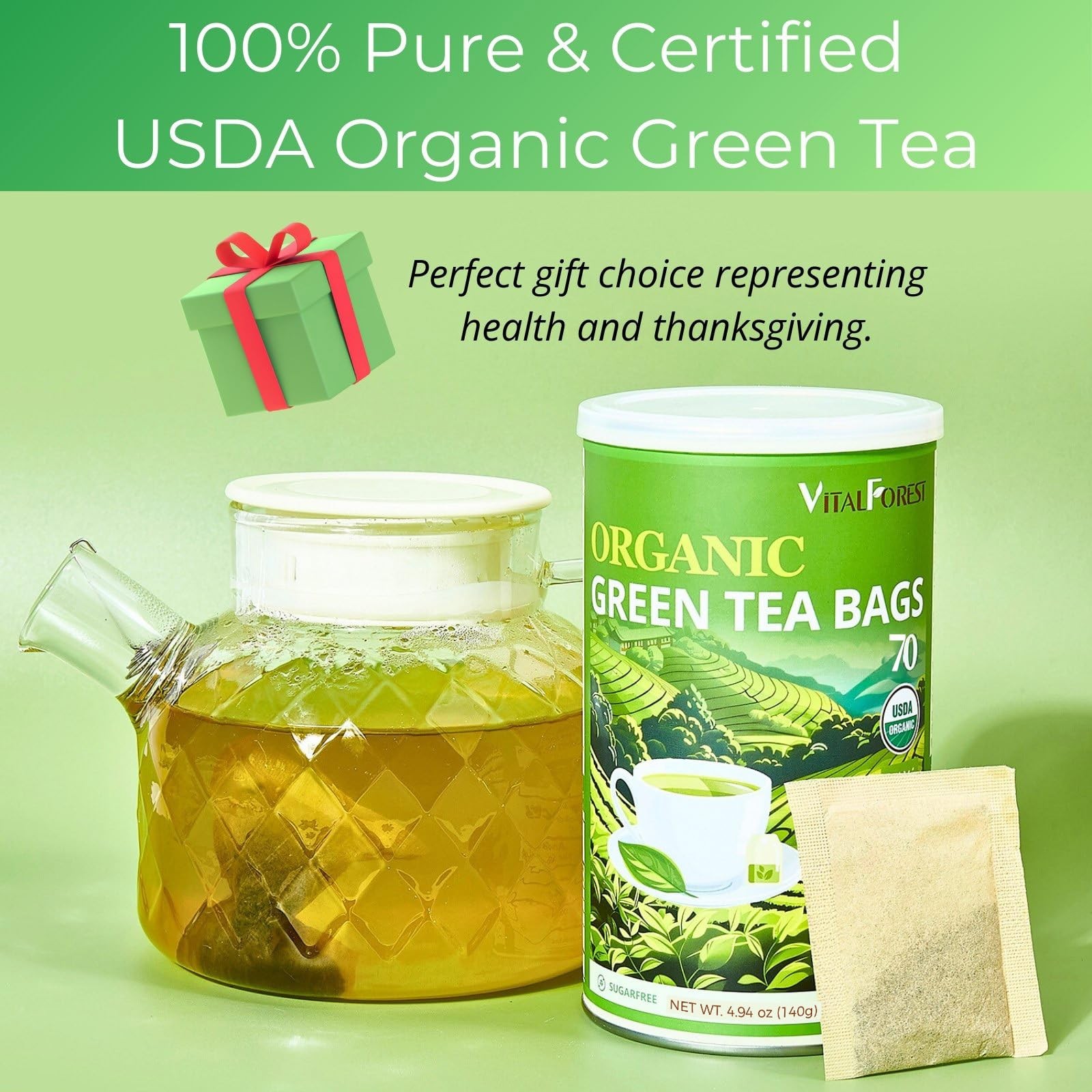 Organic Green Tea Bags| 70 Count Unbleached ECO-Conscious Chinese Green Tea P…