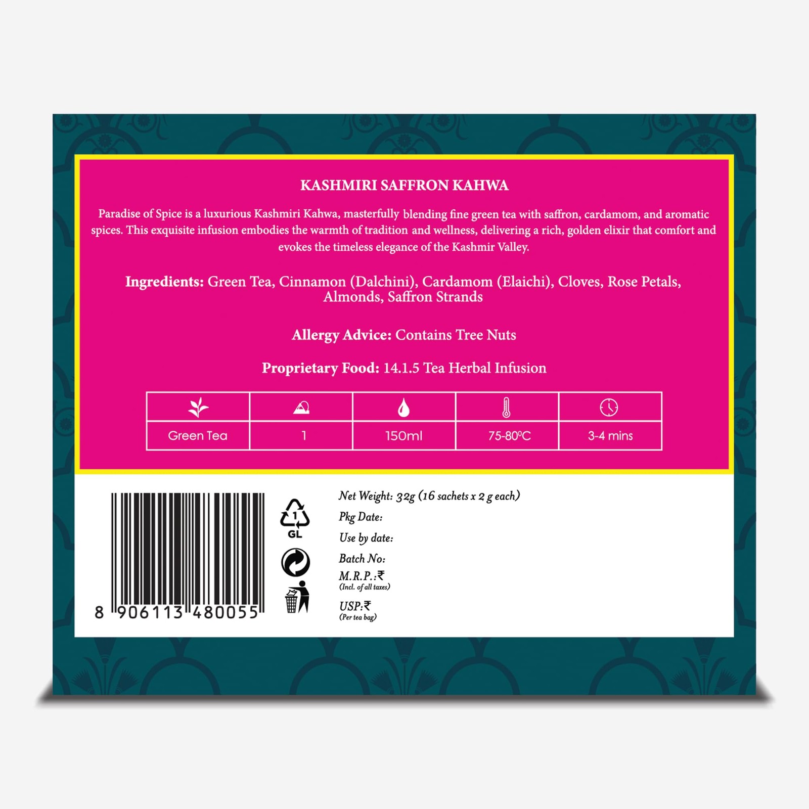 TGL Co.Kashmiri Saffron Kahwa Green Tea 16 Bags|Exotic Herbal Saffron Chai Blend