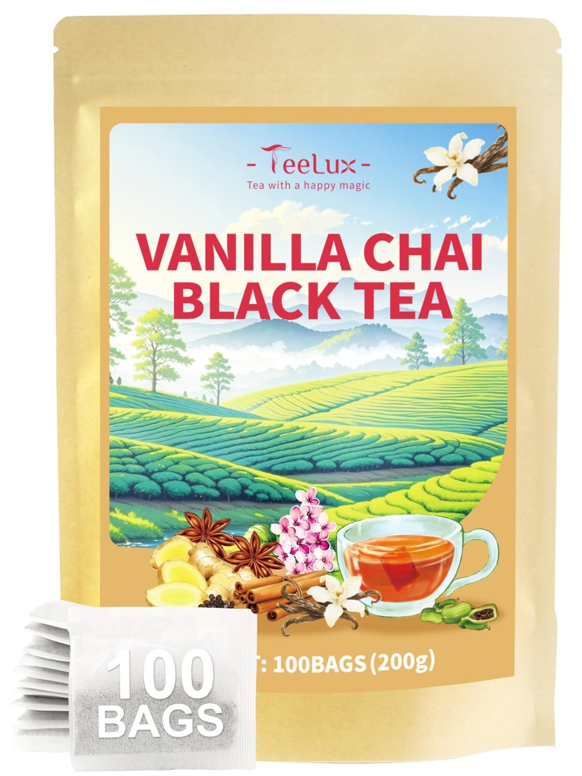 Vanilla Chai Tea Bags, Premium Black Tea with Cinnamon, Ginger, Cardamom, Sta…