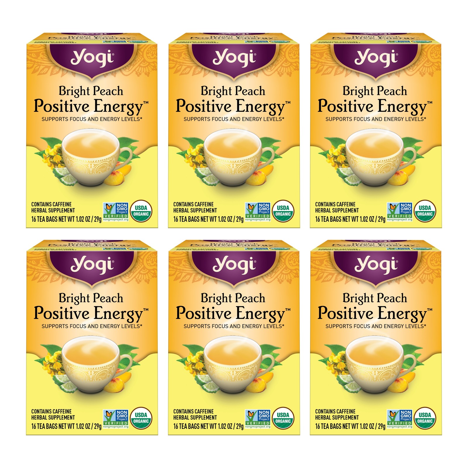 Yogi Tea Bright Peach Positive Energy Tea – 16 Tea Bags per Pack (6 Packs) – …