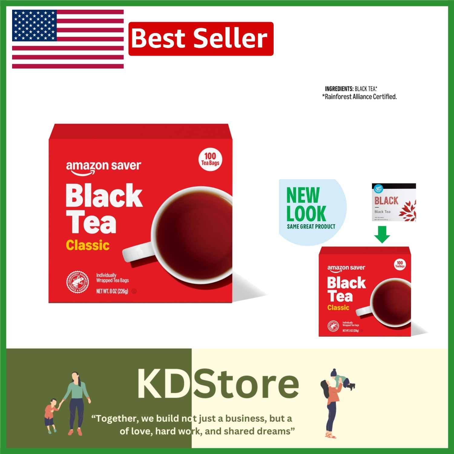 Black Tea Bags 8oz 100 Count, Rainforest Certified, Individually Wrapped