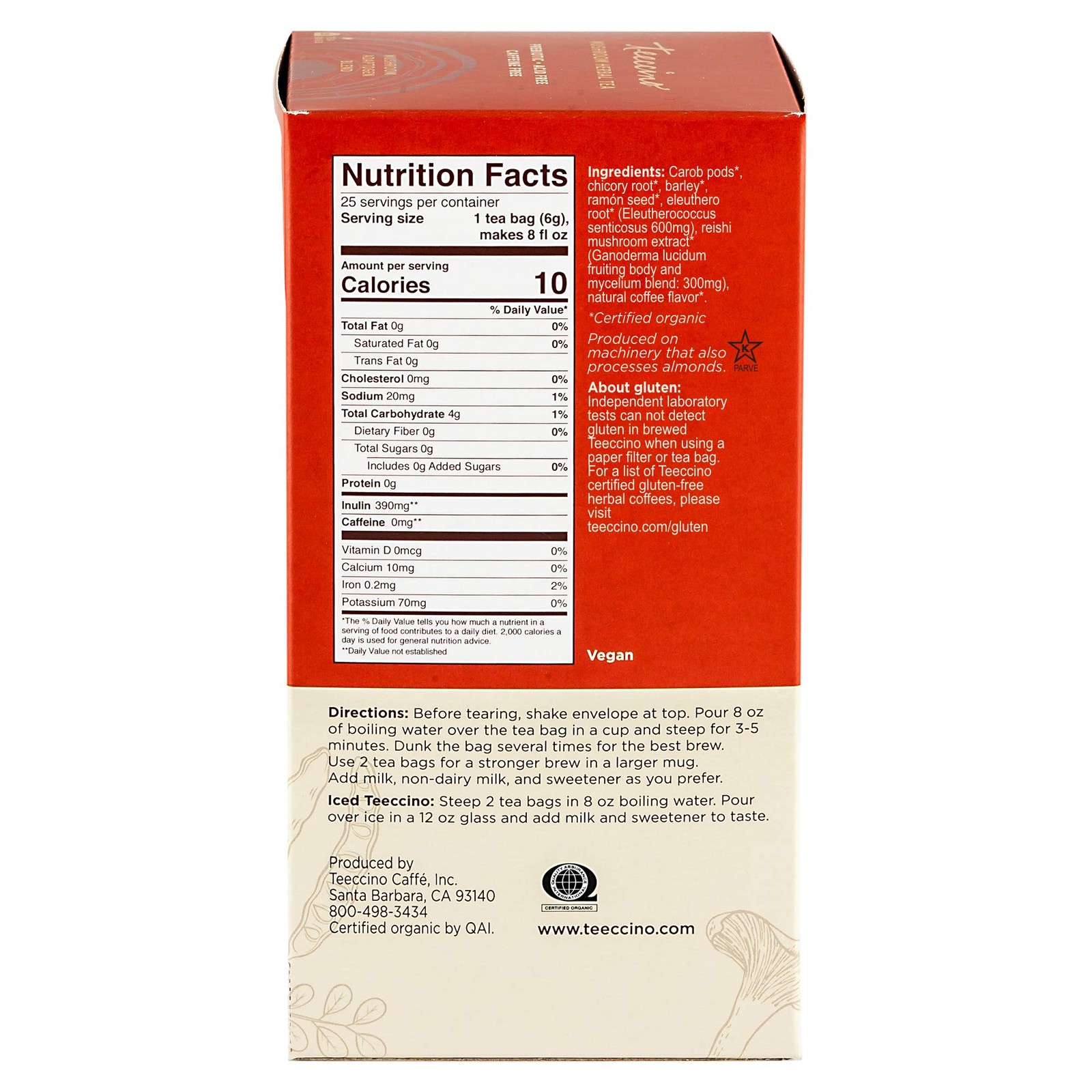 Teeccino Reishi Eleuthero Tea French Roast Organic Mushroom Adaptogenic Her…