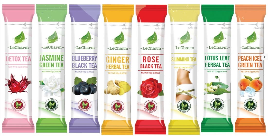 LeCharm Powder Tea 8-Flavor Premium Pack: Natural Herbal Detox Black Green Fruit