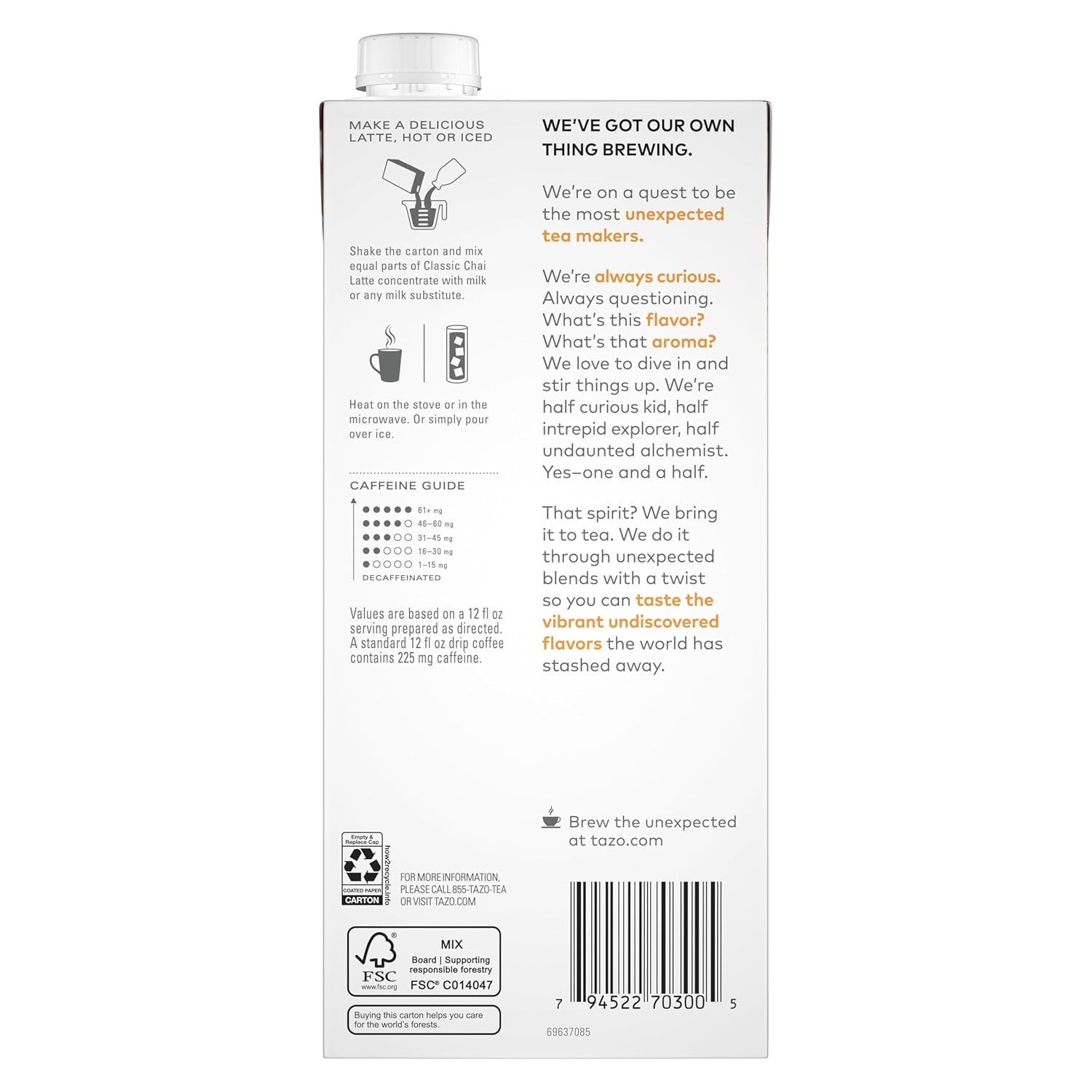 Tazo Concentrate Chai Latte black tea/cinnamon/ginger/cardamom/Vanilla (4X32Oz)