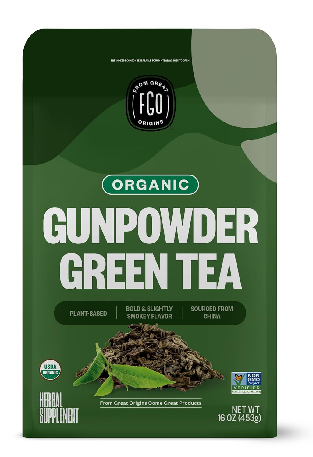 FGO Organic Gunpowder Green Loose Leaf Tea, Whole Leaf Bulk Resealable Bag, 16oz
