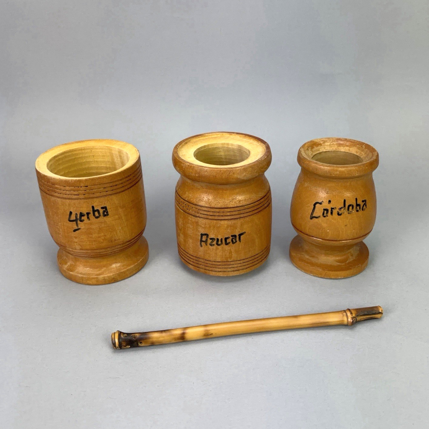 Handmade Wooden Argentinian Yerba Mate Gourd Cup Sugar & Bombilla Straw Set