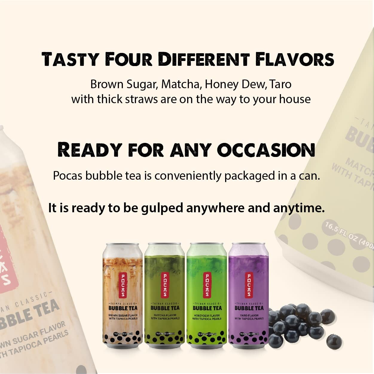 Pocas Bubble Tea with Tapioca Pearls, Variety Pack 8 can(16.5oz) BOBA TEA