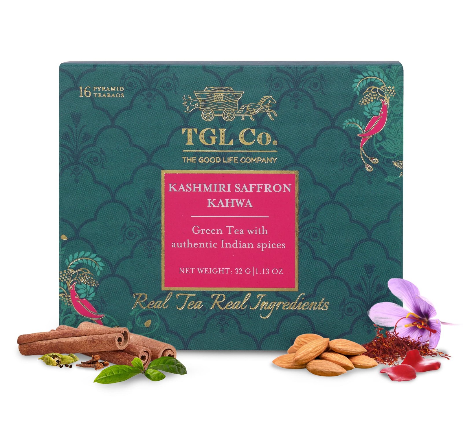 TGL Co.Kashmiri Saffron Kahwa Green Tea 16 Bags|Exotic Herbal Saffron Chai Blend