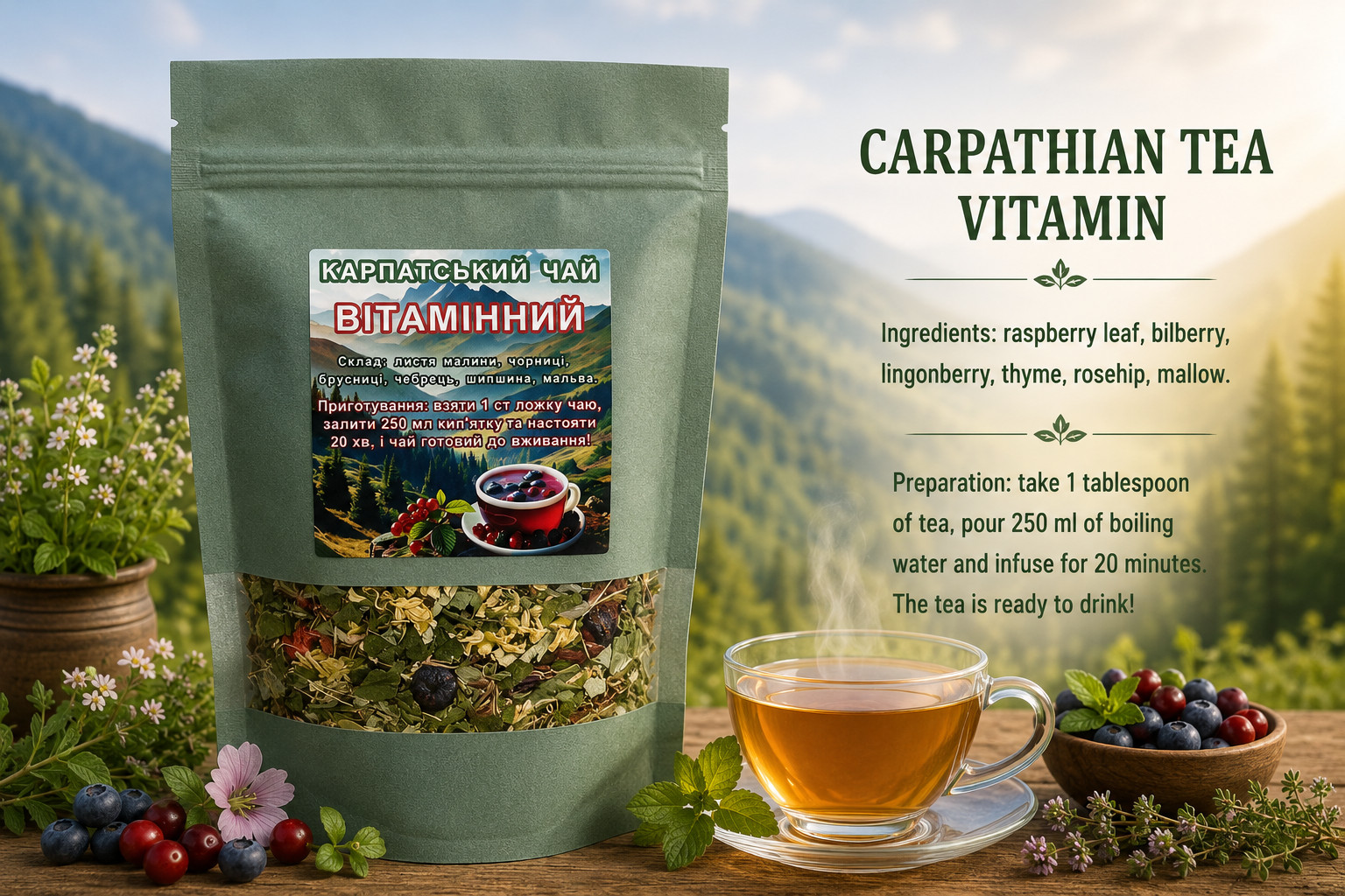 Carpathian Vitamin Herbal Tea 120g Natural Berry Blend with Rosehip & Thyme