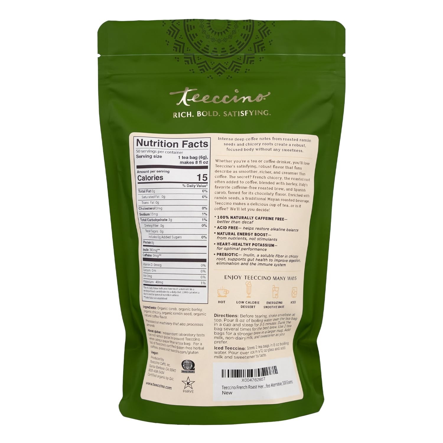 Teeccino French Roast Herbal Tea – Rich & Roasted 50 Count (Pack of 1)