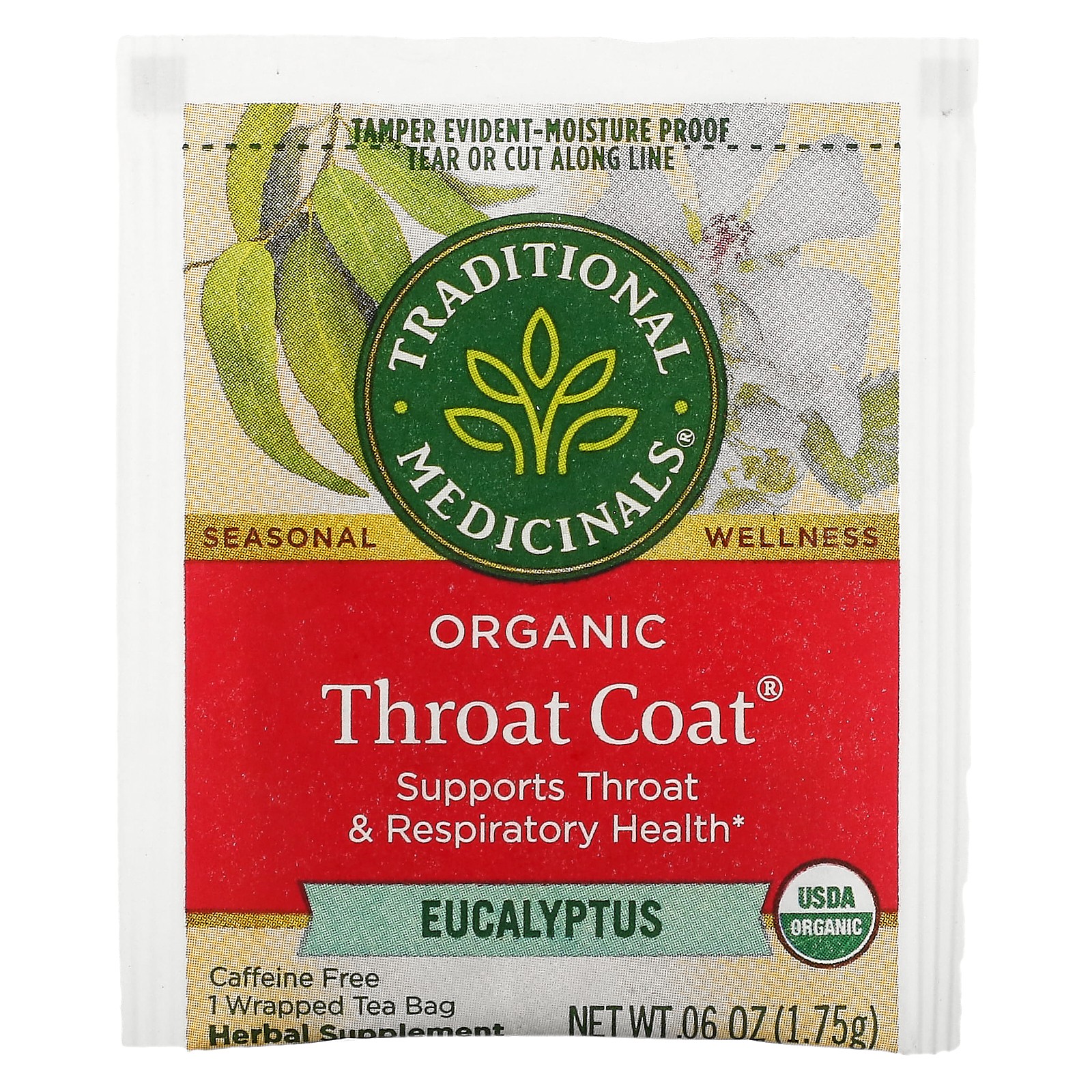 Organic Throat Coat, Eucalyptus, Caffeine Free, 16 Wrapped Tea Bags, 0.99 oz (28