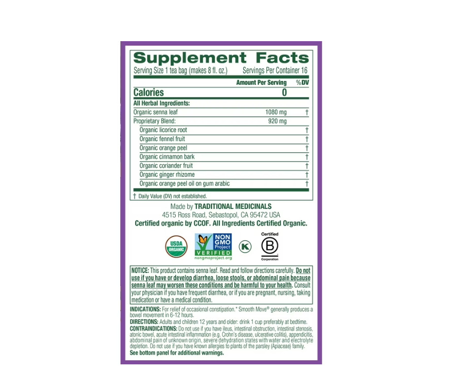 3 PACK Traditional Medicinals Tea, Organic Smooth Move Peppermint, Senna, 16Bags