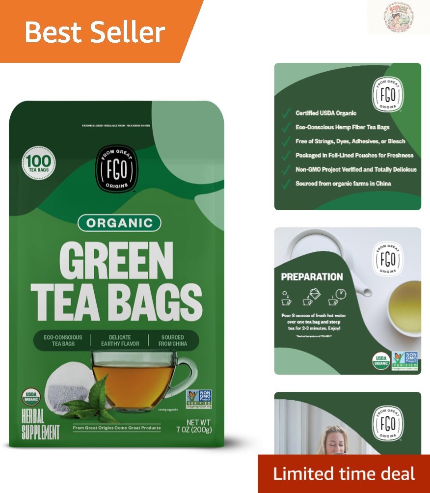 Medium Caffeine Organic Green Tea – 100 Eco-Friendly Bags in Resealable Pouch