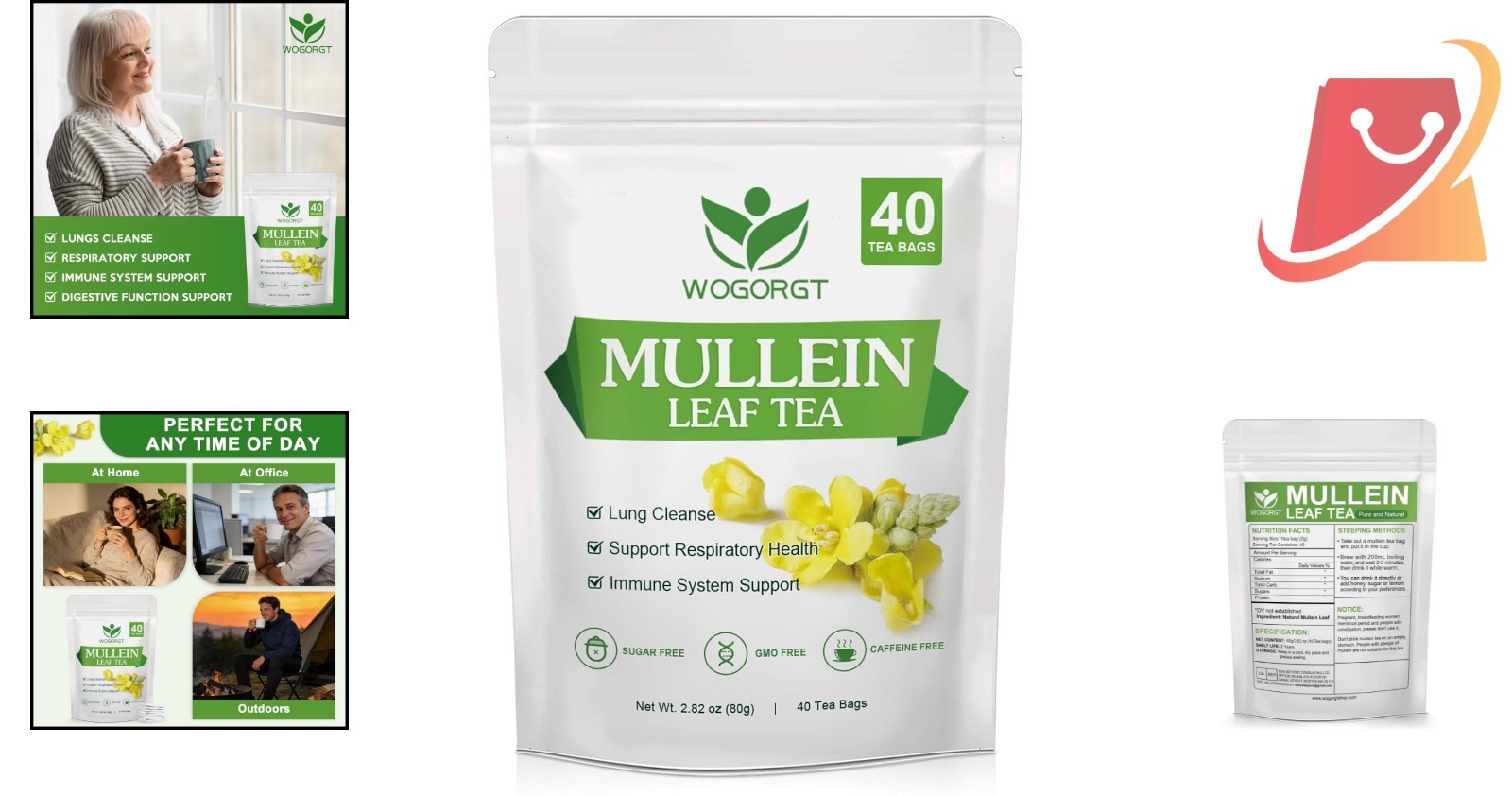 Mullein Tea Bags Natural Lung Support Respiratory Wellness 40 Count
