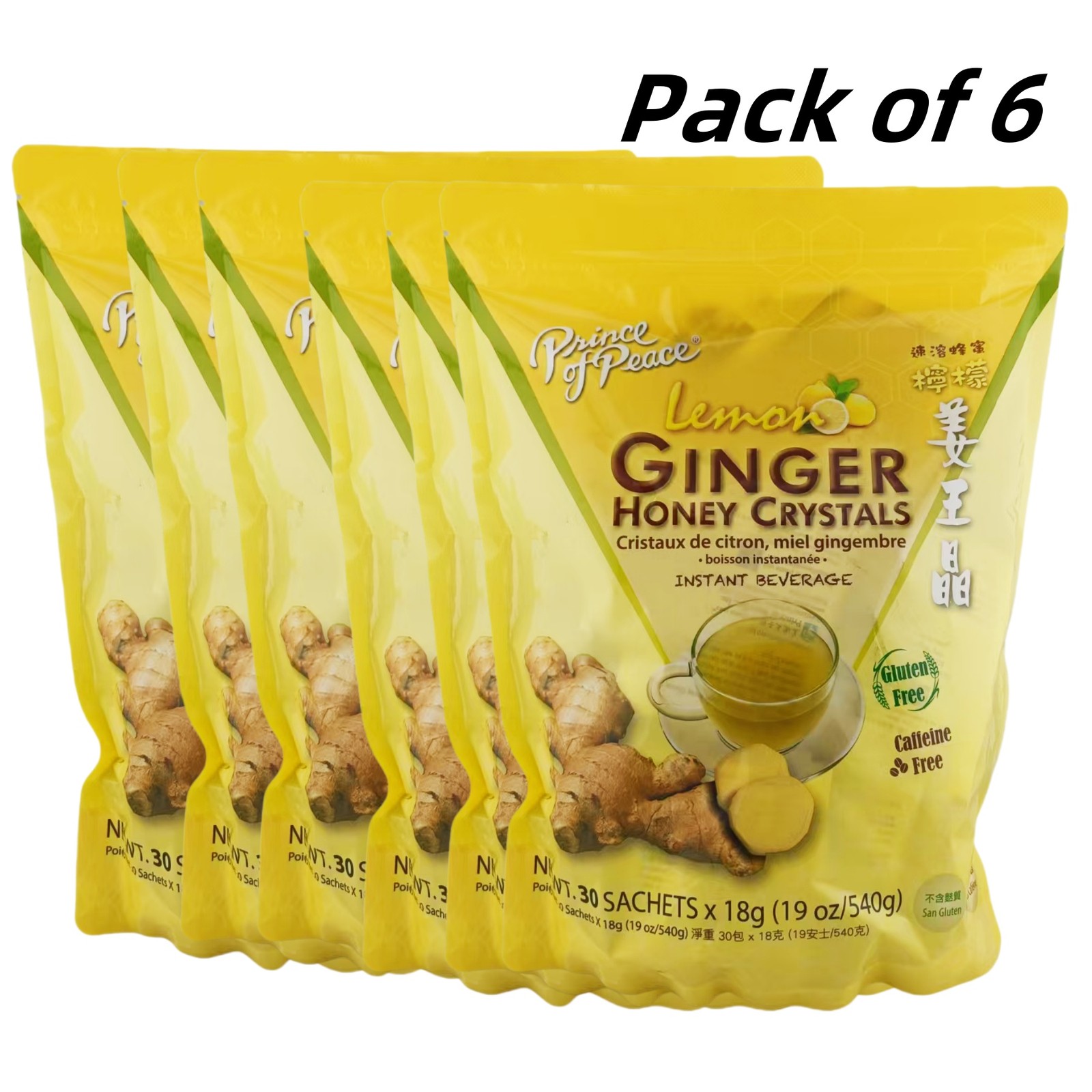 Pack of 6 Lemon Ginger Tea Instant Ginger Honey Crystals, 30 Sachets