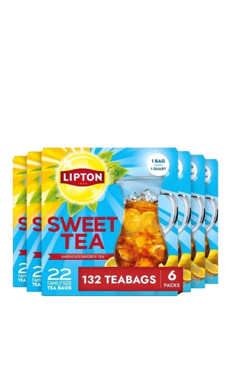 6 Pack Lipton Southern Sweet Iced Tea Bags, Zero Cal 22Ct Each Family Size T=132