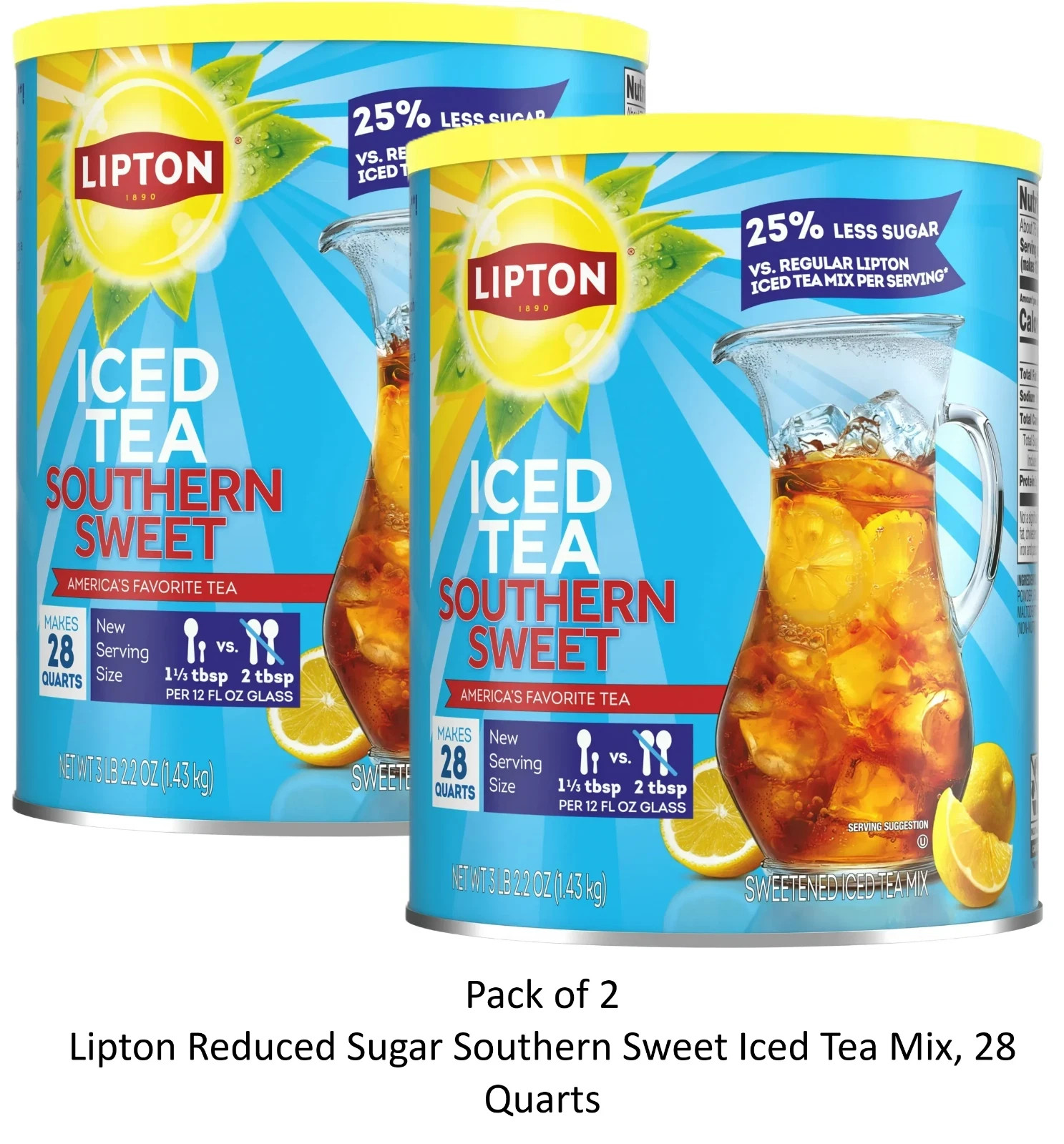 Lipton Reduced Sugar Southern Sweet Iced Tea Mix, 28 Quarts (2 Pack)