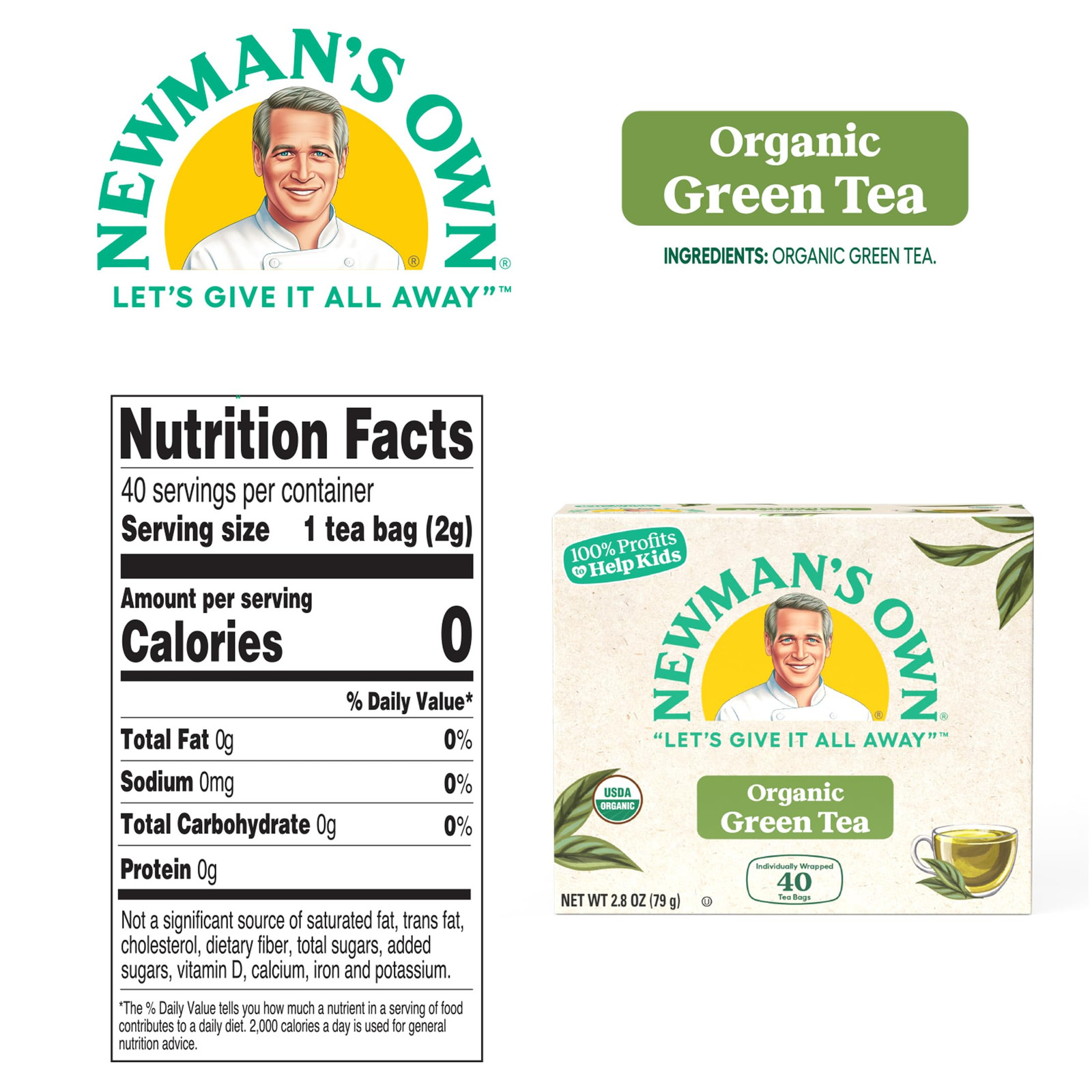 Newmans Own Organics Green Tea 40 Count Kosher Gluten Free Dairy Free Bags
