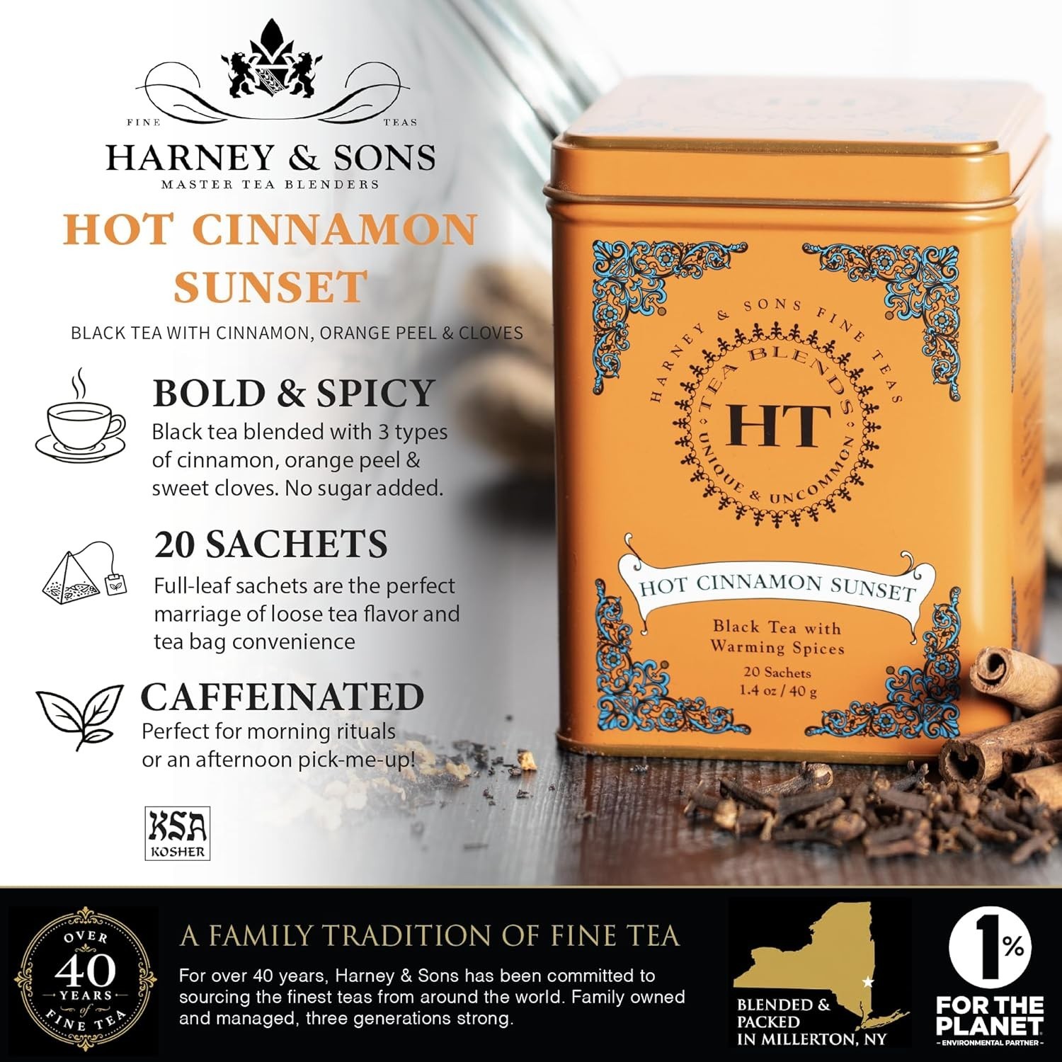 Gourmet Hot Cinnamon Sunset Black Tea – Caffeine and Clove Infusion – 20 Bags
