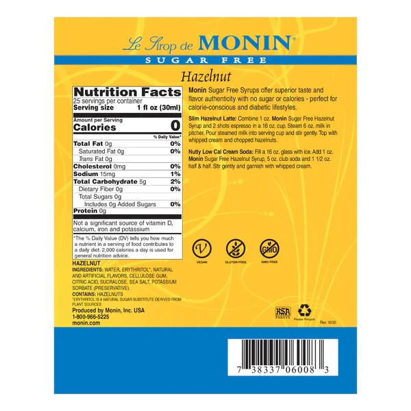 Monin Sugar Free Hazelnut Syrup (750mL), H-Hazelnut-sf