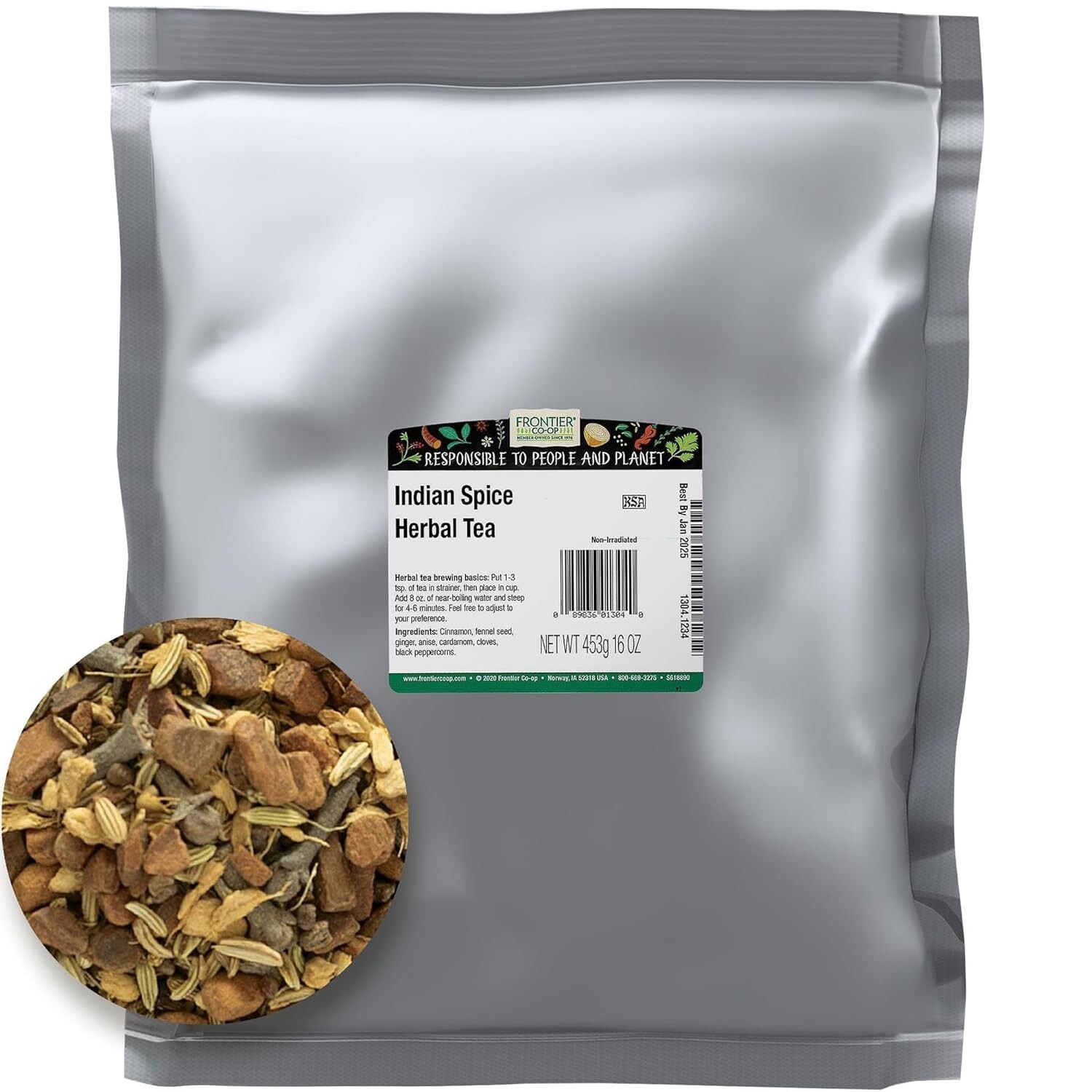 Indian Spice Herbal Tea 1lb (16 oz) – FRONTIER CO-OP Lg Bag – Best By July 2026