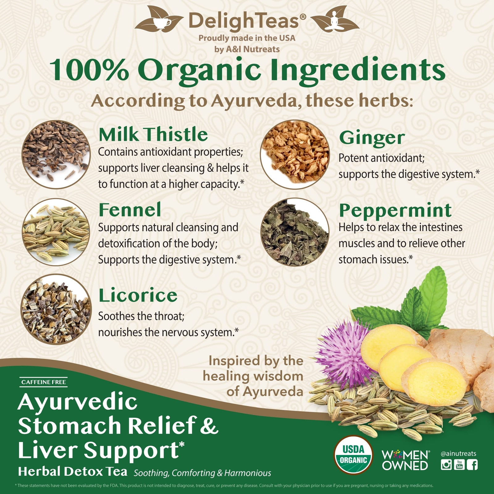 DelighTeas Liver Detox Tea 50 Servings Milk Thistle Fennel Ginger Organic