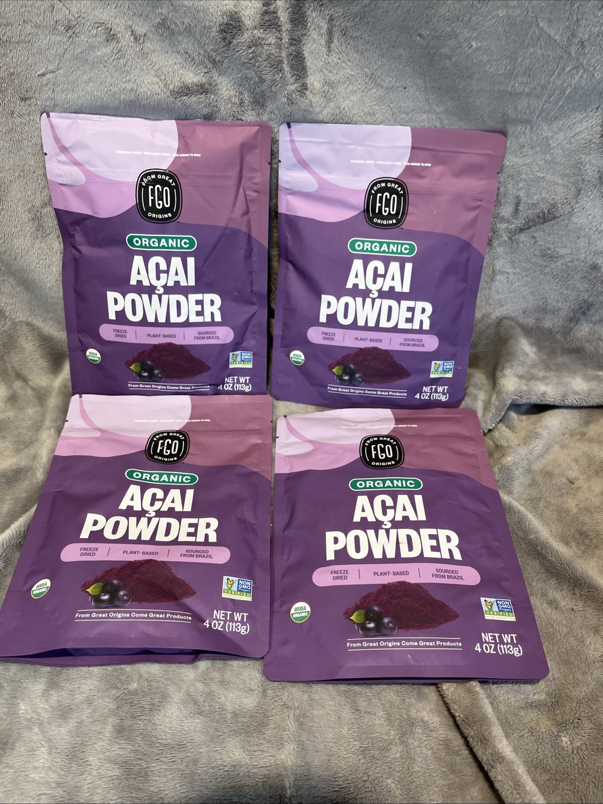 4 bags From Great Origins Organic Acai powder 4.oz each From Brazil 11/27