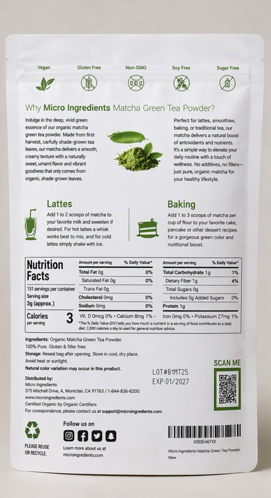 Micro Ingredients Organic Matcha Green Tea Powder 1lb/454g Premium First Harvest