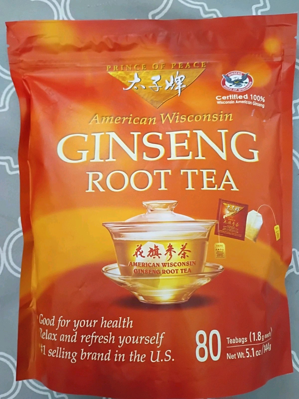 PRINCE OF PEACE American Wisconsin Ginseng Root Tea-80 Teabags/5.1oz (1.8g each)