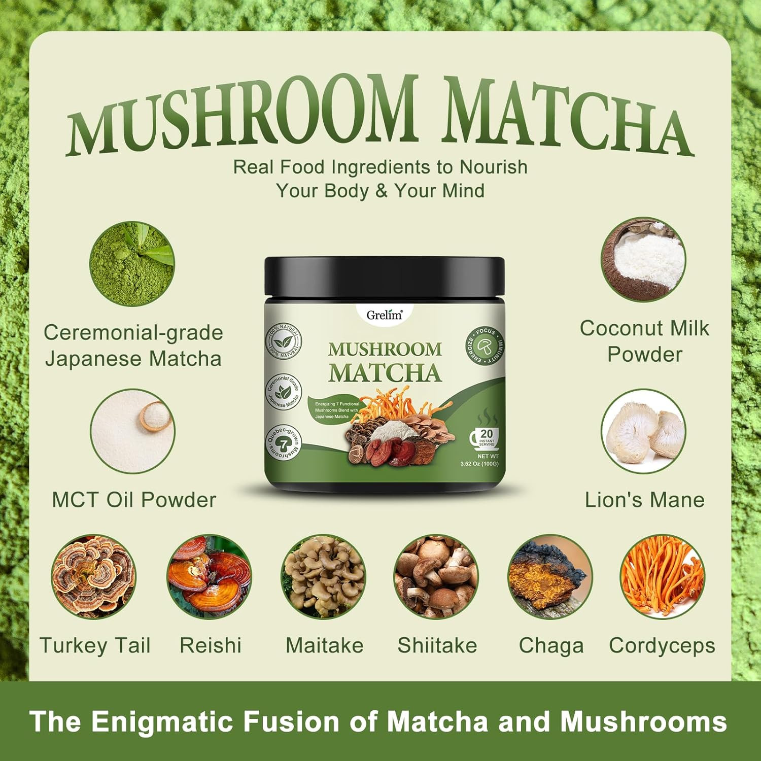 Grelim Mushroom Matcha Infused with 7 Superfood Mushrooms, MCT Oil, Coconut Milk