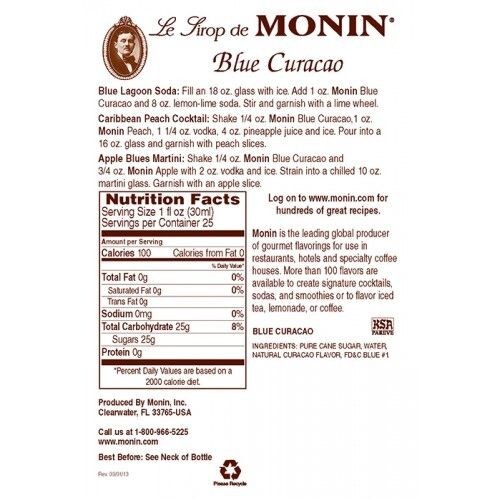 Monin Blue Curacao Syrup (750mL), H-Blue Curacao