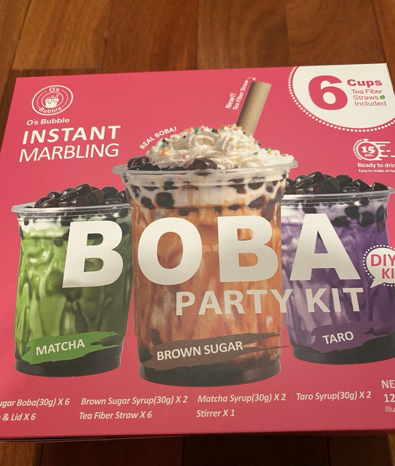 O’s Bubble Instant Marbling Boba Drinks Matcha Brown Sugar Taro 6 Cups Straws