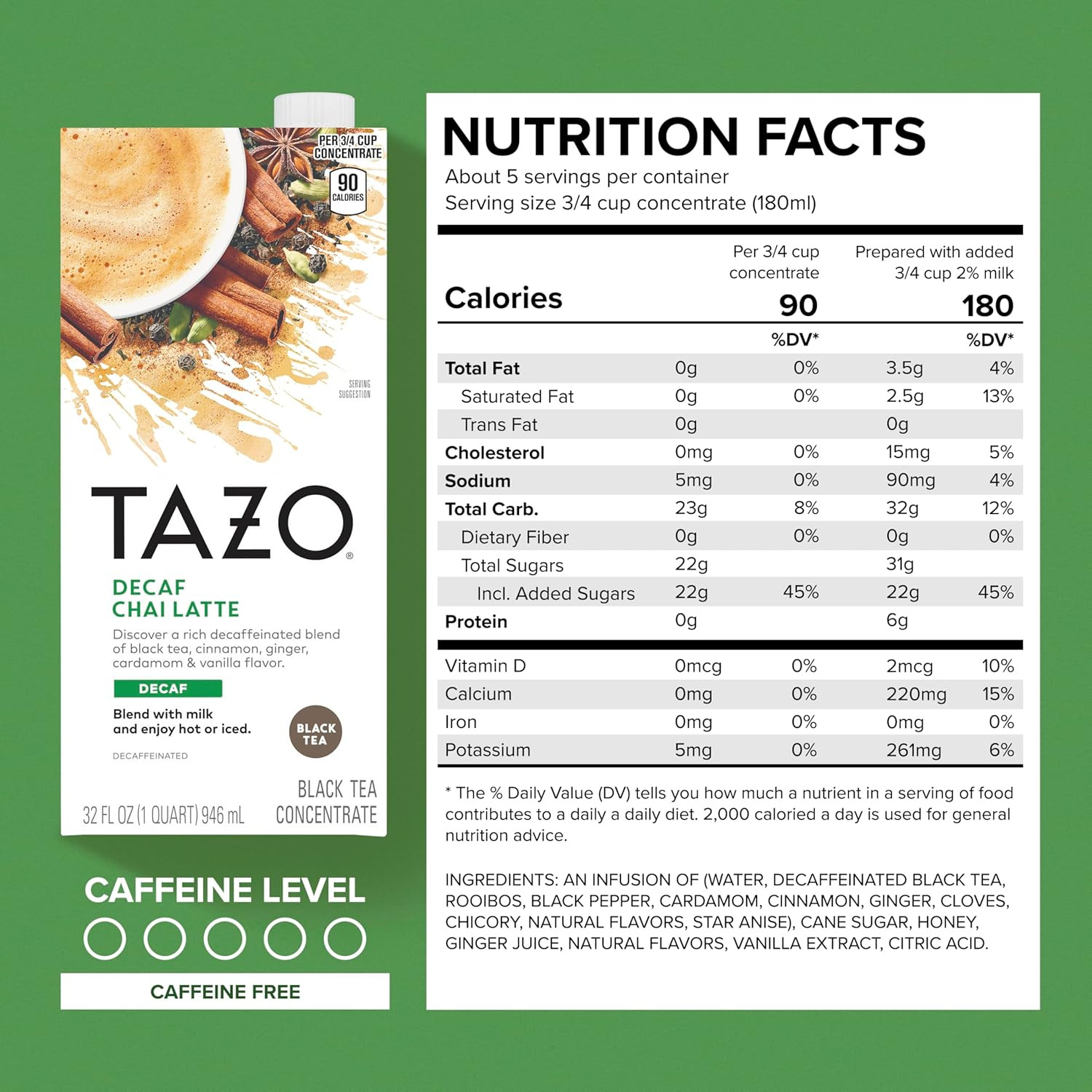 TAZO Decaf Chai Latte, Black Tea Concentrate, Easy-To-Serve Chai Tea for Everyda