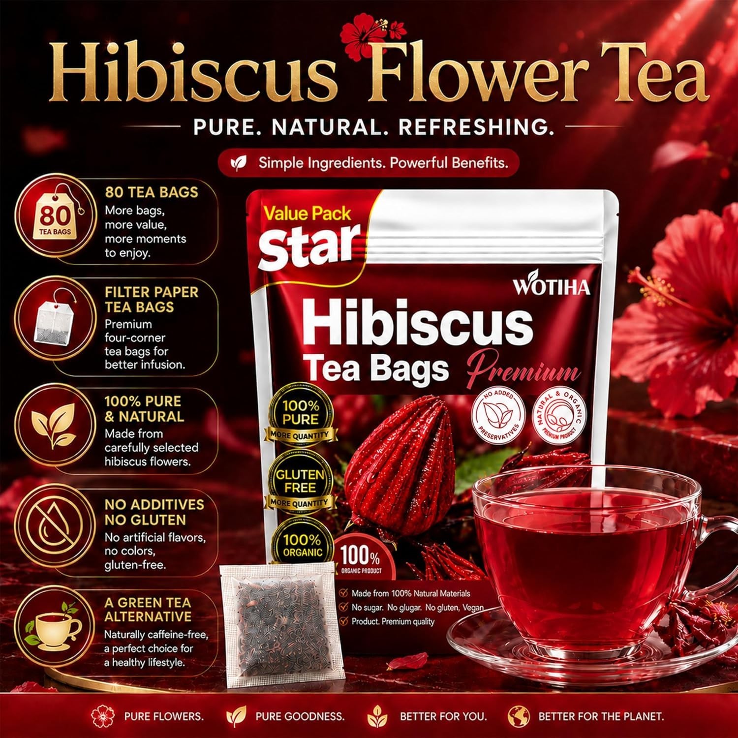 WOTIHA Premium 80 Hibiscus Flower Tea Bags (Flor de Jamaica) – 100% Natural, Tar
