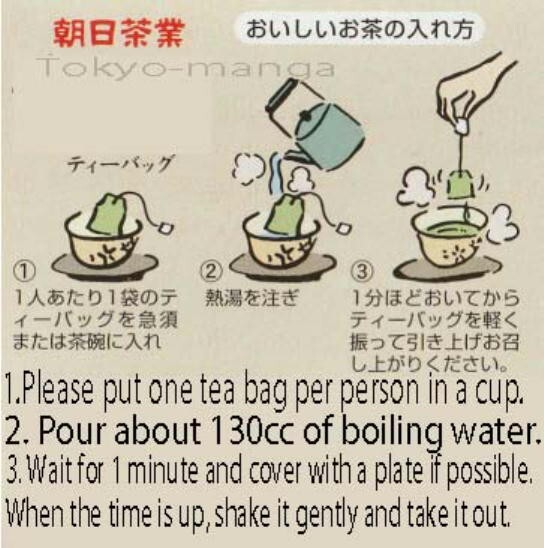 1 bag each of 3 types, hojicha, sencha, genmaicha, 100% Japanese tea bag type