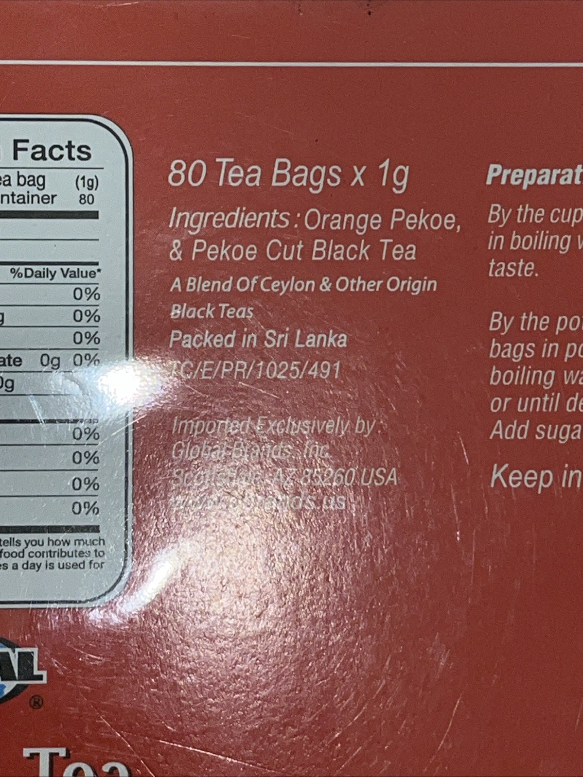 Global Brands Orange Pekoe & Pekoe Cut Black Tea 80 Bags W String Premium Taste