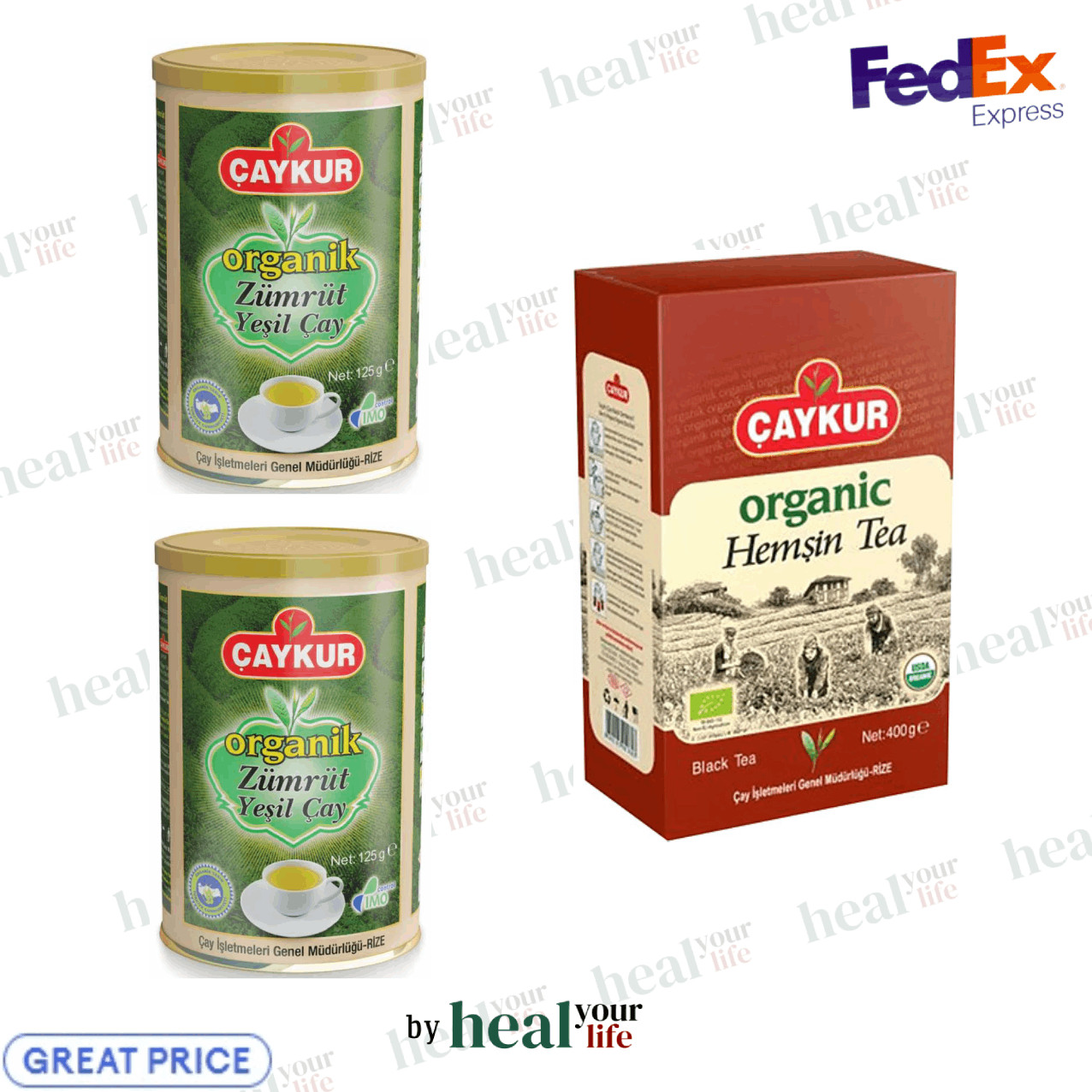 TURKISH ORGANIC CAYKUR 2 x Zumrut Green Tea 125 gr + 1 x Hemsin Black Tea 400 gr