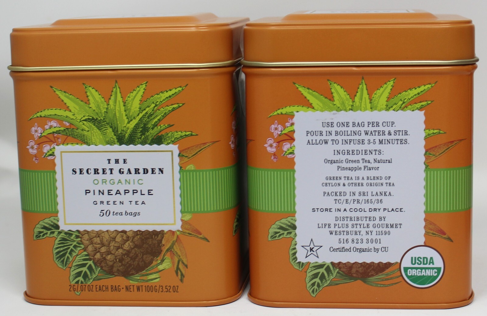 x3 Organic Pineapple Green Tea Secret Garden 50 ea Tea Bags Reusable Tin New