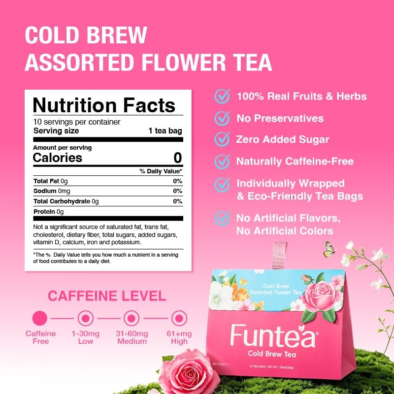FUNTEA Cold Brew Flower Tea Caffeine Free Herbal Tea Bags 10 Count