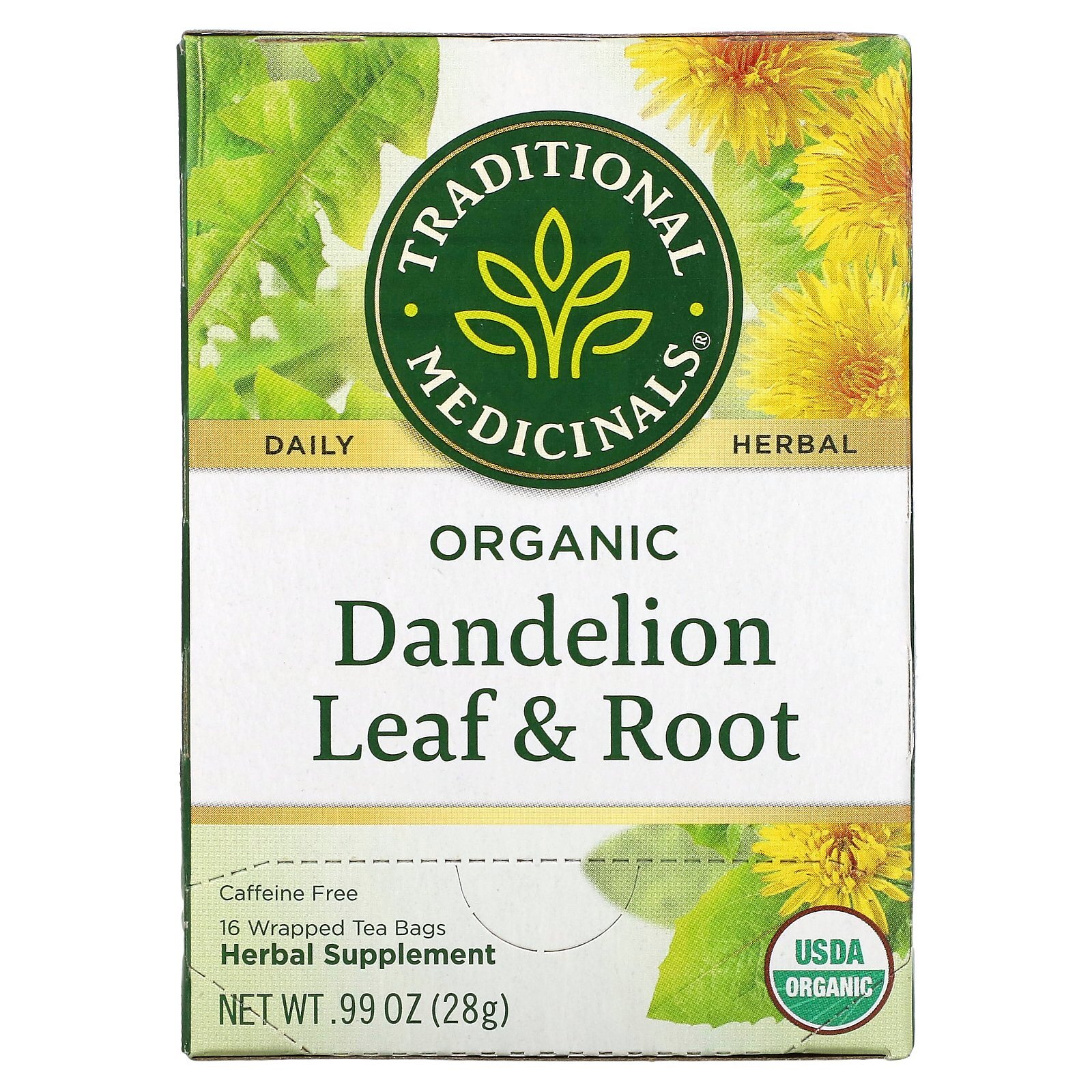 Herbal Teas, Organic Dandelion Leaf & Root Tea, Caffeine Free, 16 Wrapped Tea
