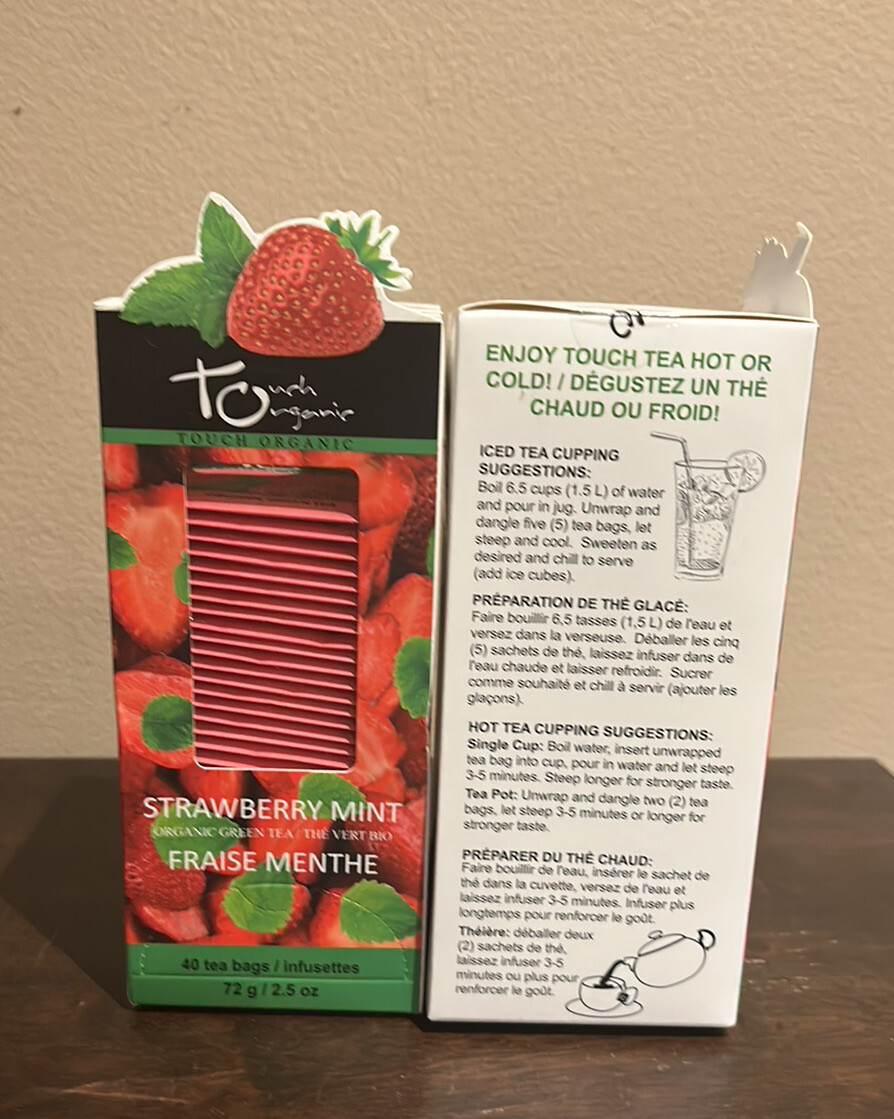 2 Touch Organic Strawberry Mint Green Tea Bags, 40 Bags Each 2.5 oz Exp 2026