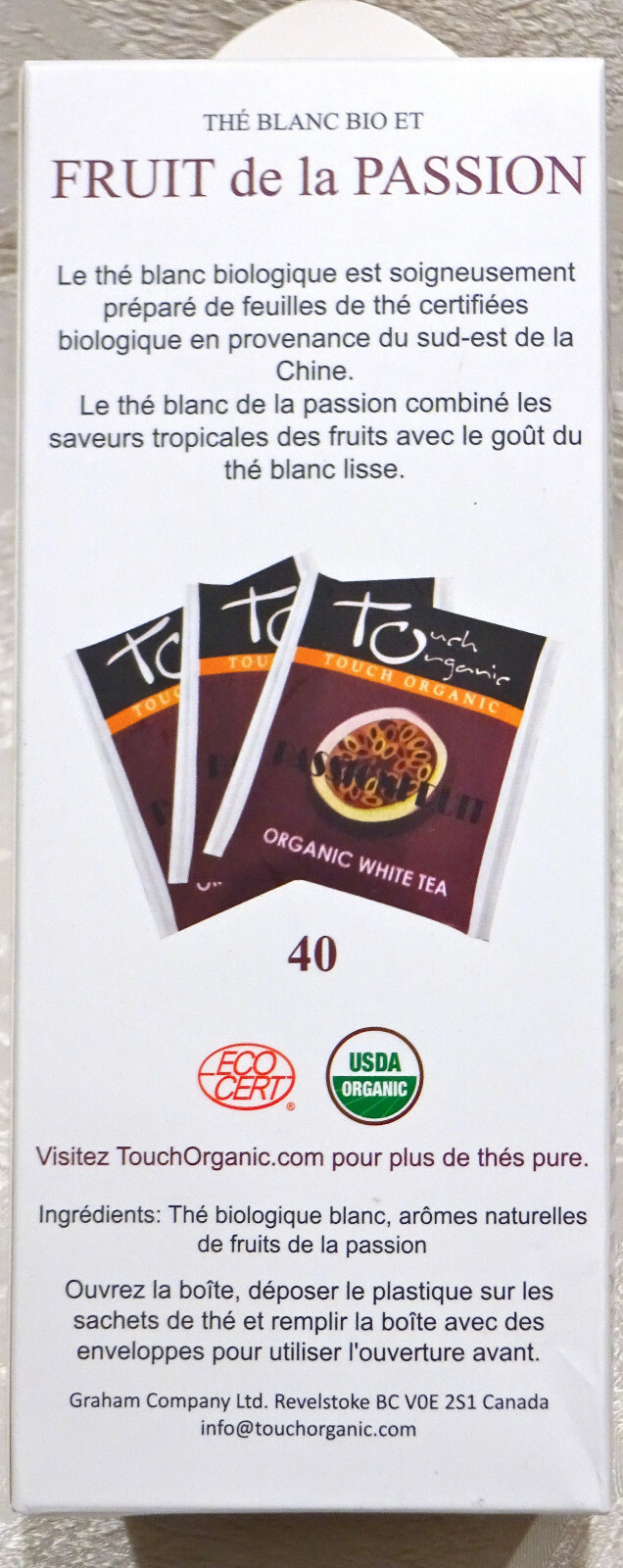 Touch Organic PASSIONFRUIT WHITE Tea Bags, 40 Bags, 2.5 oz