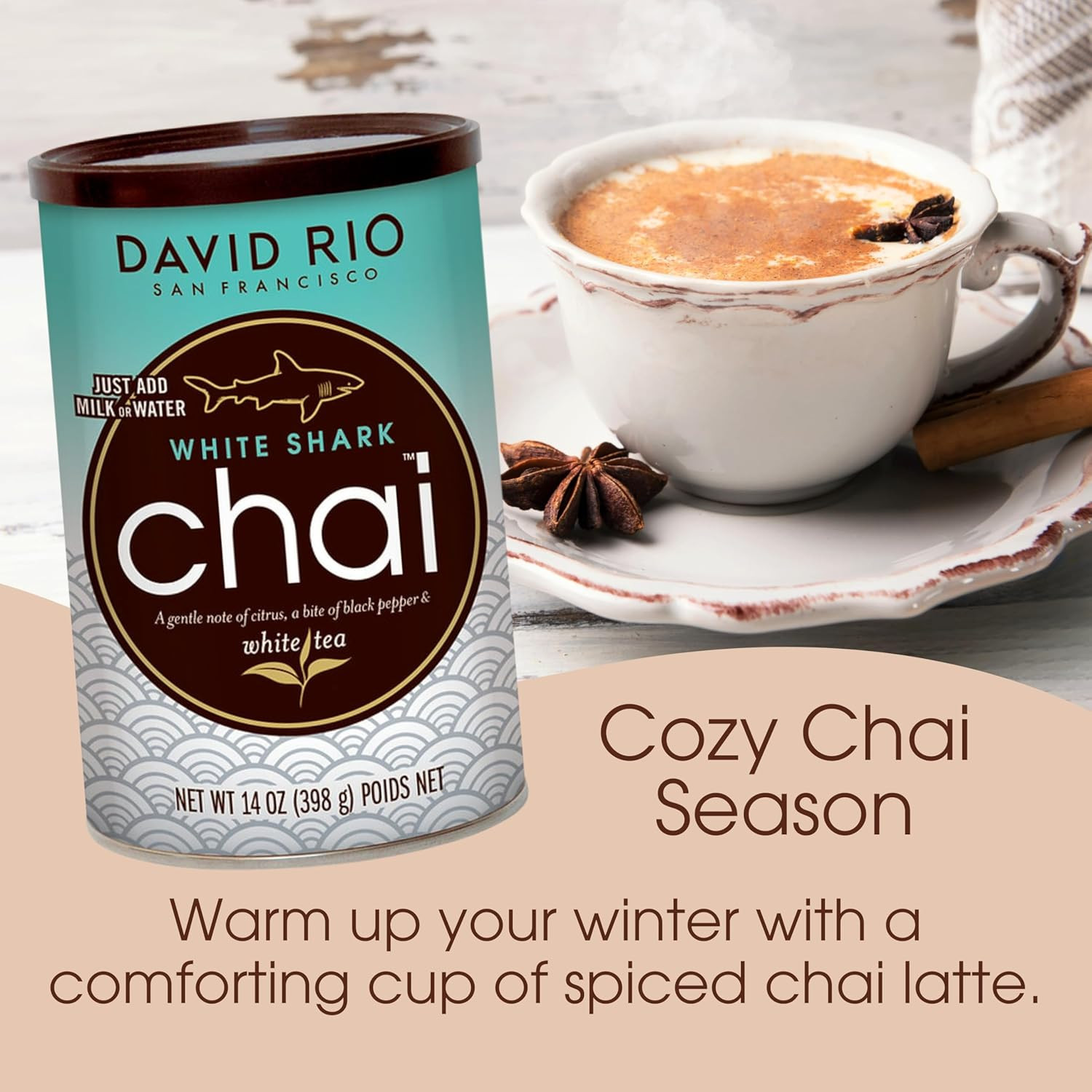 White Shark Chai Tea Latte Mix, 14 Oz, White Tea, Organic Spices, Dairy Free, Se