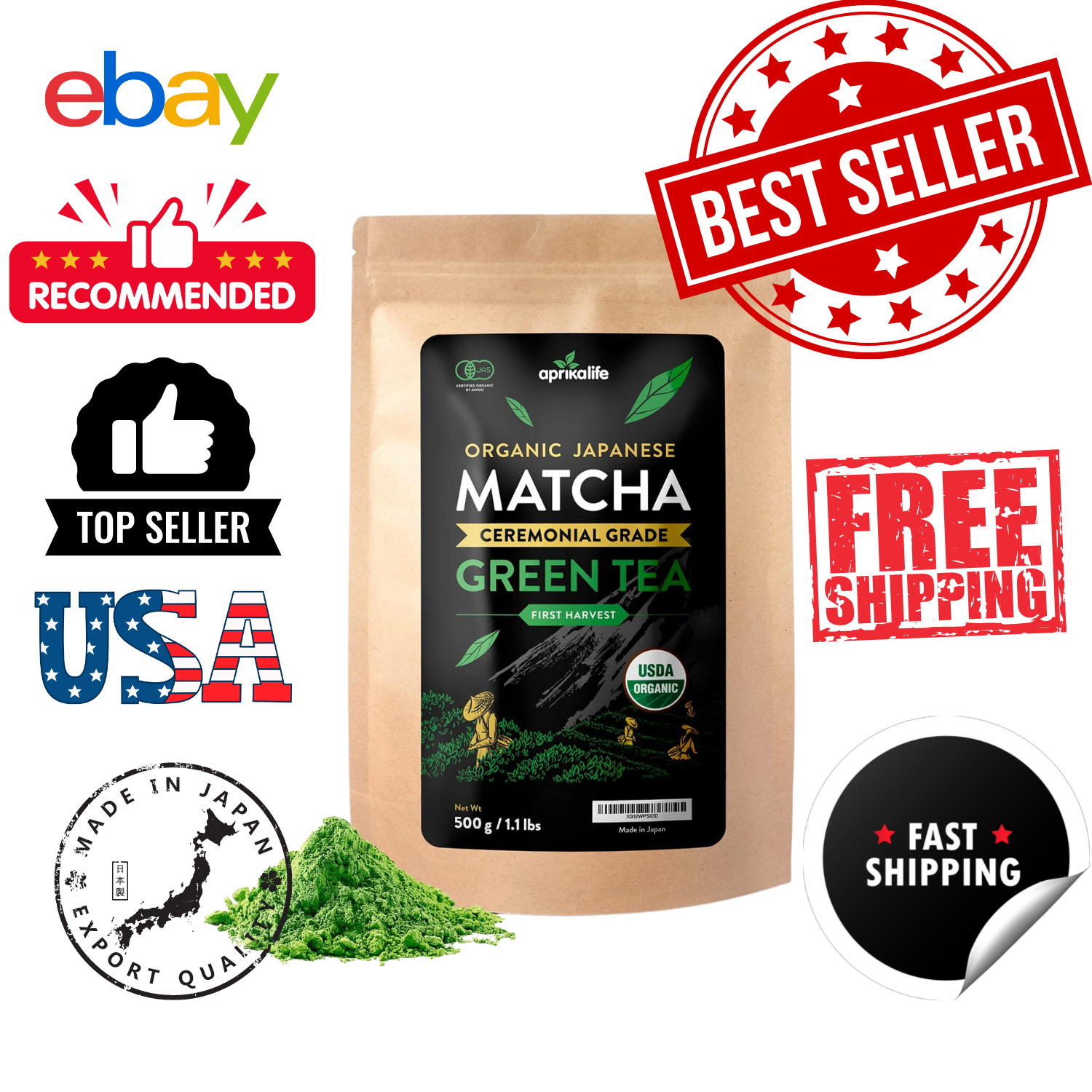 100% Natural Organic Japanese Matcha Green Tea Powder Unsweetened, 1.1 lbs